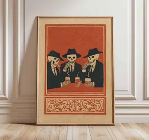 [UNFRAMED POSTER] Skeleton Bar Poster, Vintage Mexican Folk Art Print, Day of the Dead Wall Art, Retro Skeletons Drinking Illustration, Gothic Home Decor