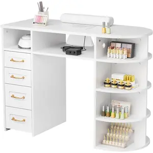 OmySalon Nail Desk for Nail Tech with Electric Dust Collector – Rattan Manicure Table, Professional Salon Station with Display Rack, Storage Drawers, Acetone Resistant Surface & Wrist Cushion