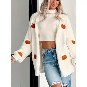Women’s Cozy Pumpkin Knit Cardigan – Open-Front Long-Sleeve Loose Sweater Coat for Fall, White with Orange Pumpkin Design, Perfect for Autumn and Winter Casual Wear, Fall Fashion Top | Pumpkin Embroidery Cardigan | Glossy Finish Fabric