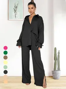 Two-piece Set Women's Solid Long Sleeve Button Front Shirt & Split Hem Pants Set, Night Out Outfits, Mean Girls Chav Sets, Autumn Outfits 2024, Casual Flounce Sleeve Top & Wide Leg Trousers Summer Sets 2024, Clothing