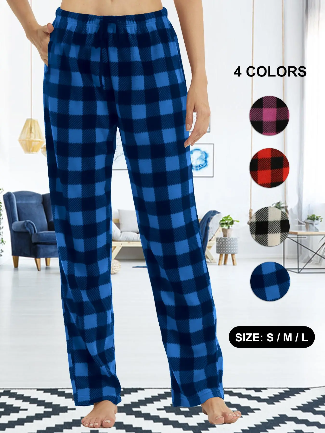 Womens Pajama Bottoms Ladies Fleece Plaid Pjs Bottoms Soft Checked Lounge Trousers with Pockets Sleepwear Nightwear Pants Loungewear