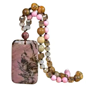Rhodochrosite Pendant Necklace – Natural Pink Stone Square Charm, Handmade Boho Long Necklace with Faceted Glass Knot, Stylish Statement Jewelry for Women, Daily Wear, Festivals & Gift Giving