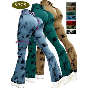 3pcs High-Waist Tie-Dye Flared Yoga Pants for Women - Stretchy & Supportive Wide Leg Running Sports Leggings, Non-See-Through, Knit Fabric, Available in Red, Olive Green, Blue-Green Camouflage Patterns
