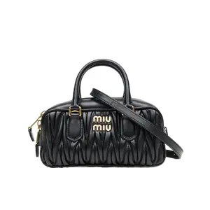 Pre-owned miumiu leather Tote Bags Matelasse pleated bowling bag, size 22, black, leather, size S, gold snap fastener