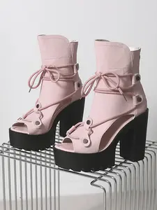 Unique Design Strap Sandals High Heels, Thick Sole Chunky Heel Waterproof Platform Boots, Tall Skinny Fish Mouth Shoes, Versatile Slimming Footwear