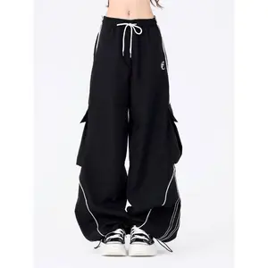 Y2K Black Striped Women Cargo Pants Korean Fashion Wide Leg Baggy Trousers Streetwear Autunm Harajuku Hip Hop Oversized