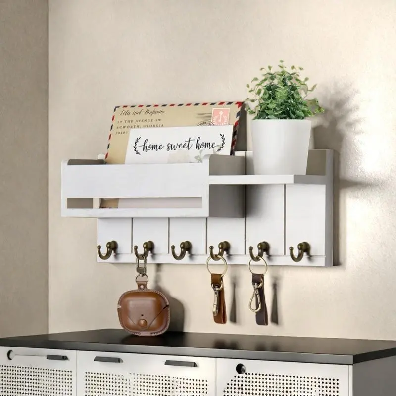 Wooden Wall-Mounted Key Organizer with 6 Hooks and Small Shelf, Mail Sorter and Entryway Storage Holder for Living Room or Entrance, Wall Mountable Home Decor Organizing Essential, Wooden Wall Rack