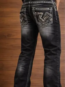 Ace of Diamond Mid Blue / Black Men Denim Embroidered Jeans