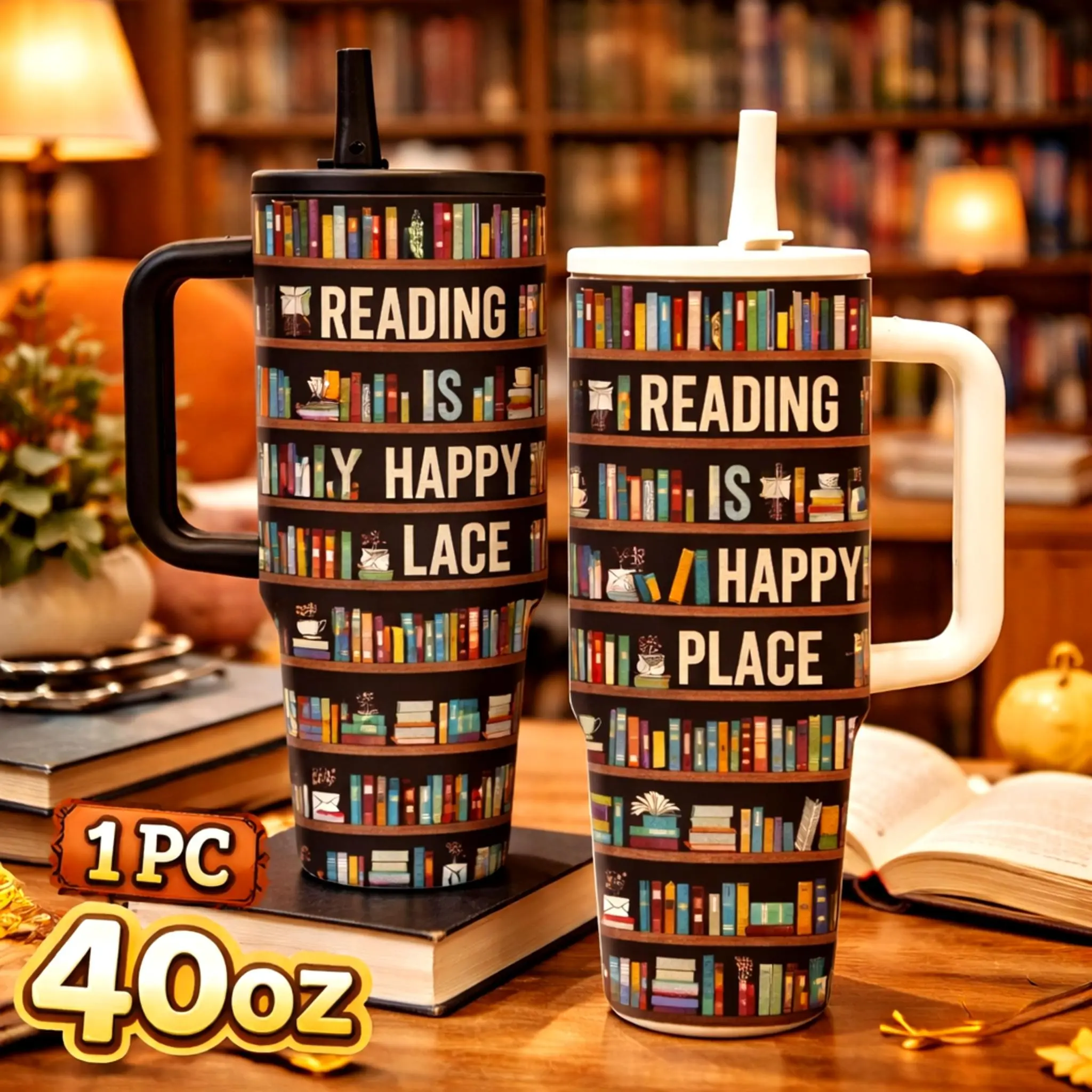 1 Pc 40oz insulated mug, Stainless Steel, bookshelf reading print, library tumbler, double wall vacuum cup, Insulated Vacuum Flask, leak proof lid, large capacity thermal mug, keeps hot 12h cold 24h, gift for book lovers, Drinkware