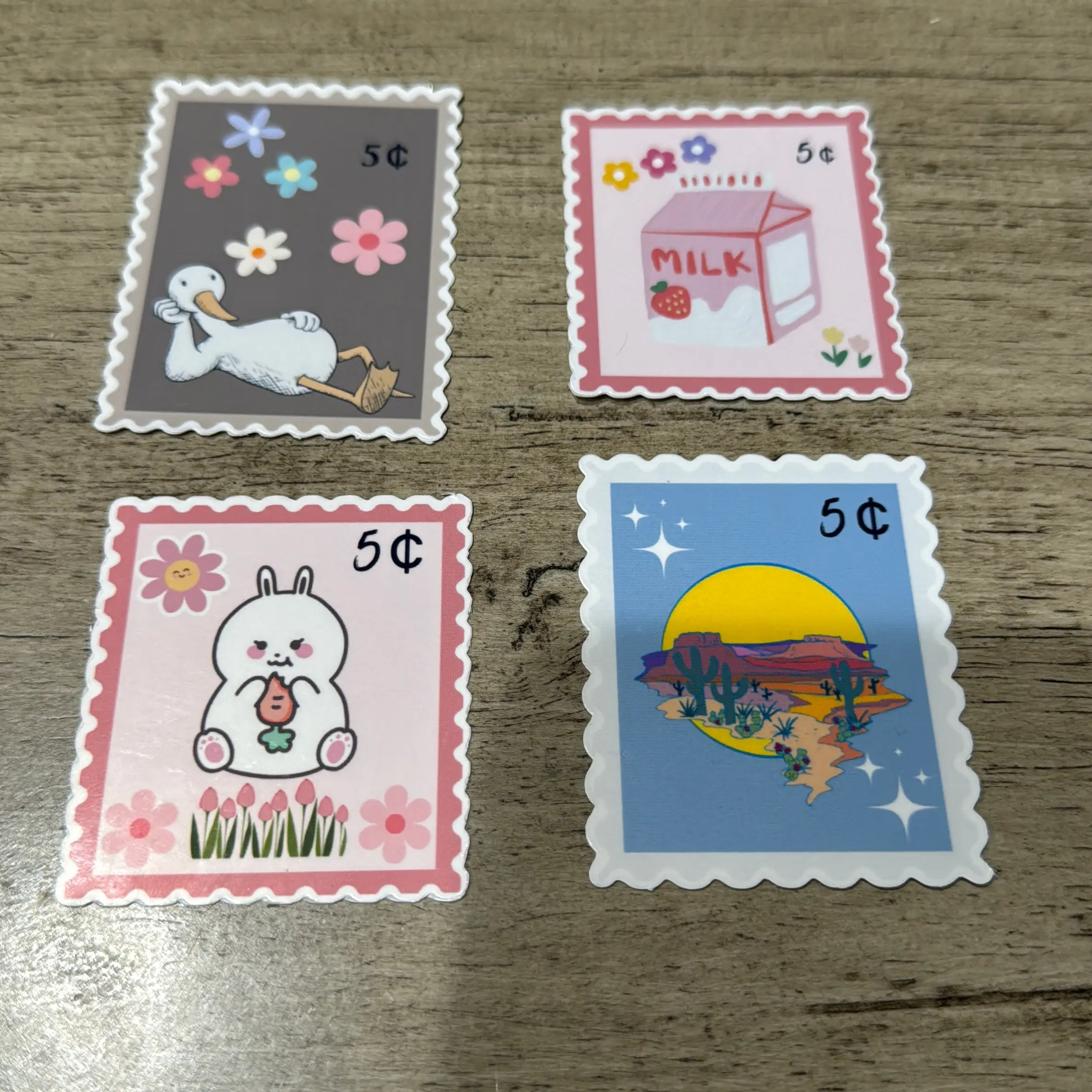 Set of 4 Cute Postage Stamp Stickers