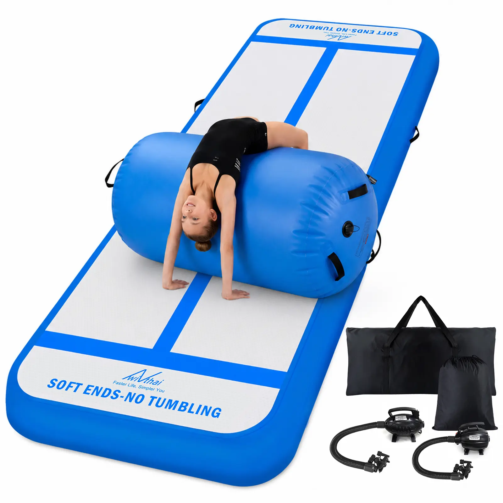10FT Inflatable Gymnastics Tumbling Mat with 39.3 x 23.6 in Air Roller | Edge Safety & Center Lines, Thick Tear-Resistant PVC, Dedicated Pumps for Inflation, Home Tumbling/Backbend/Yoga Practice
