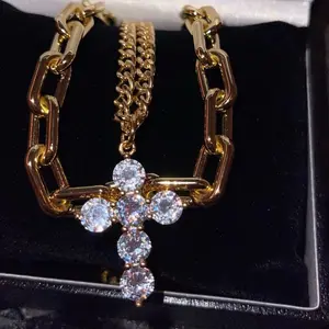 Double Chain Paper Clip & Cross Set Necklace - Fashion Accessory