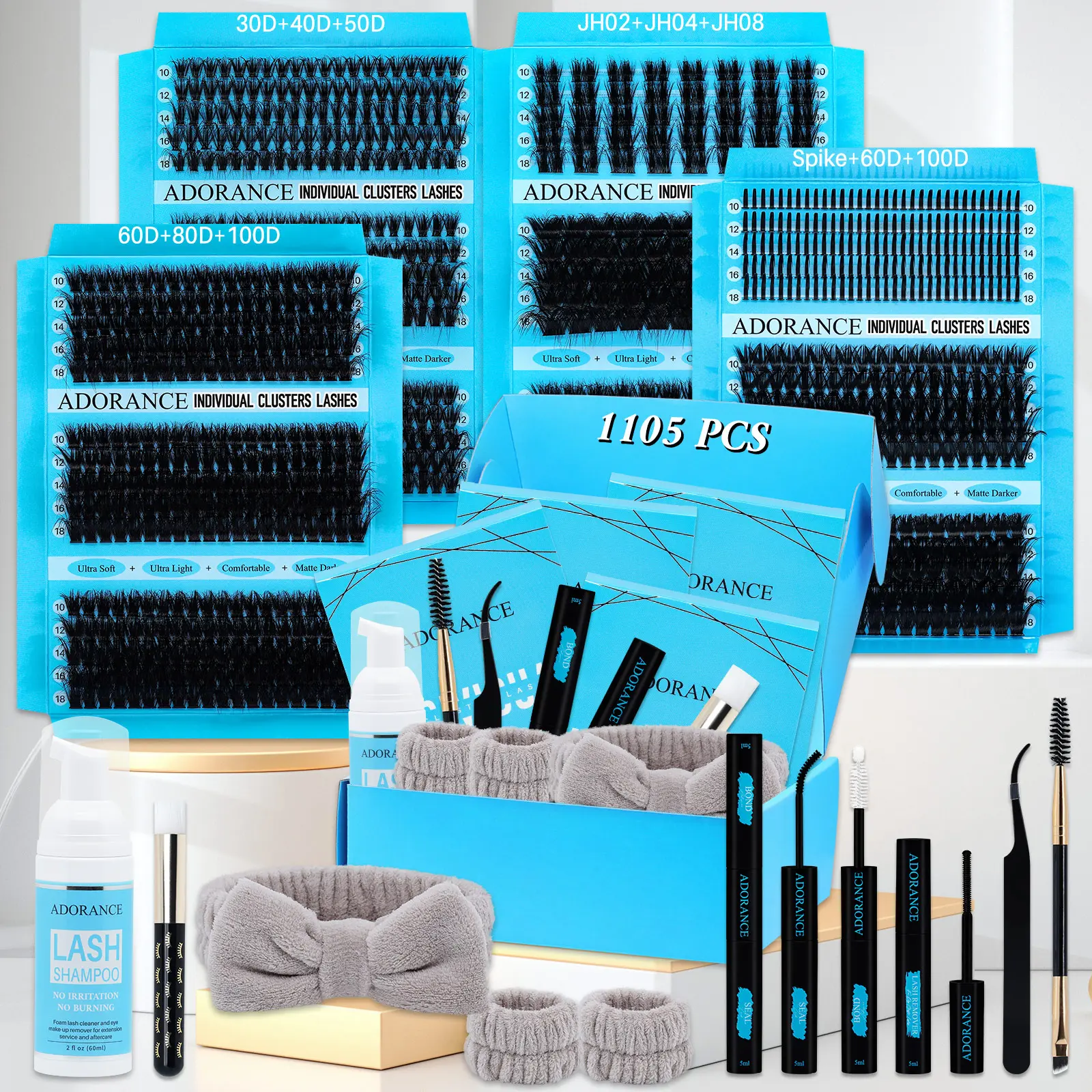 1105 pcs Lash Clusters Kit, Eyelash Extensions Kit, Eyelashes Extension Set, D Curl 12 Styles Lashes Clusters with Bond&Seal, Eyelash Extension Glue, Lash Remover, Lash Applicator, Headband, Lash Shampoo & Brush, Perfect for Beginners