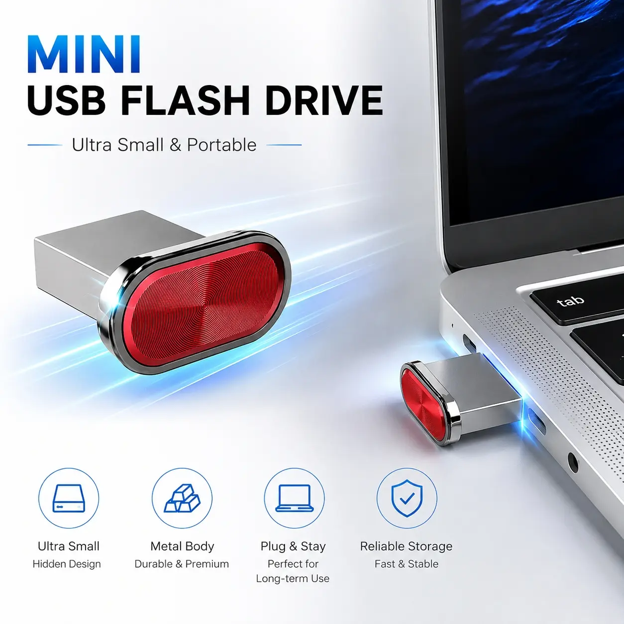 Mini USB Flash Drive, Ultra Compact 8GB/16GB/32GB/64GB Metal USB 3.0 Storage Stick, Portable Plug-And-Play USB for Laptops and Pcs