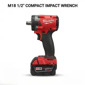 Milwaukee M18 FIW212 cordless impact wrench features a 1/2-inch square head drive, suitable for high-strength bolts and mechanical repairs, with a maximum tightening torque of 300 Nm and a 2400 rpm variable speed motor. Battery and charger are included.