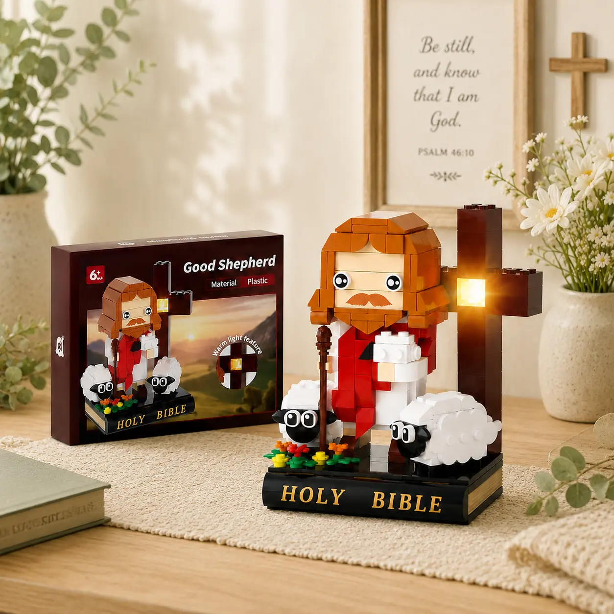Jesus Good Shepherd Building Blocks Set, Swaledale Sheep Cross & Holy Bible DIY Brick Model, Family Fun Christian Holiday Gift