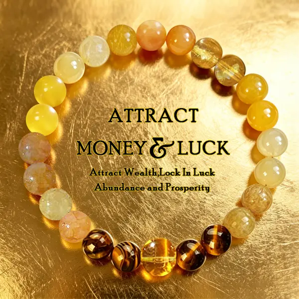 AuraStrand wealth bracelet featuring yellow agate, white ghost agate, and tiger’s eye—a lucky bracelet that attracts wealth, prosperity, and abundance; a yellow beaded protective bracelet for wealth, encouraging gifting.