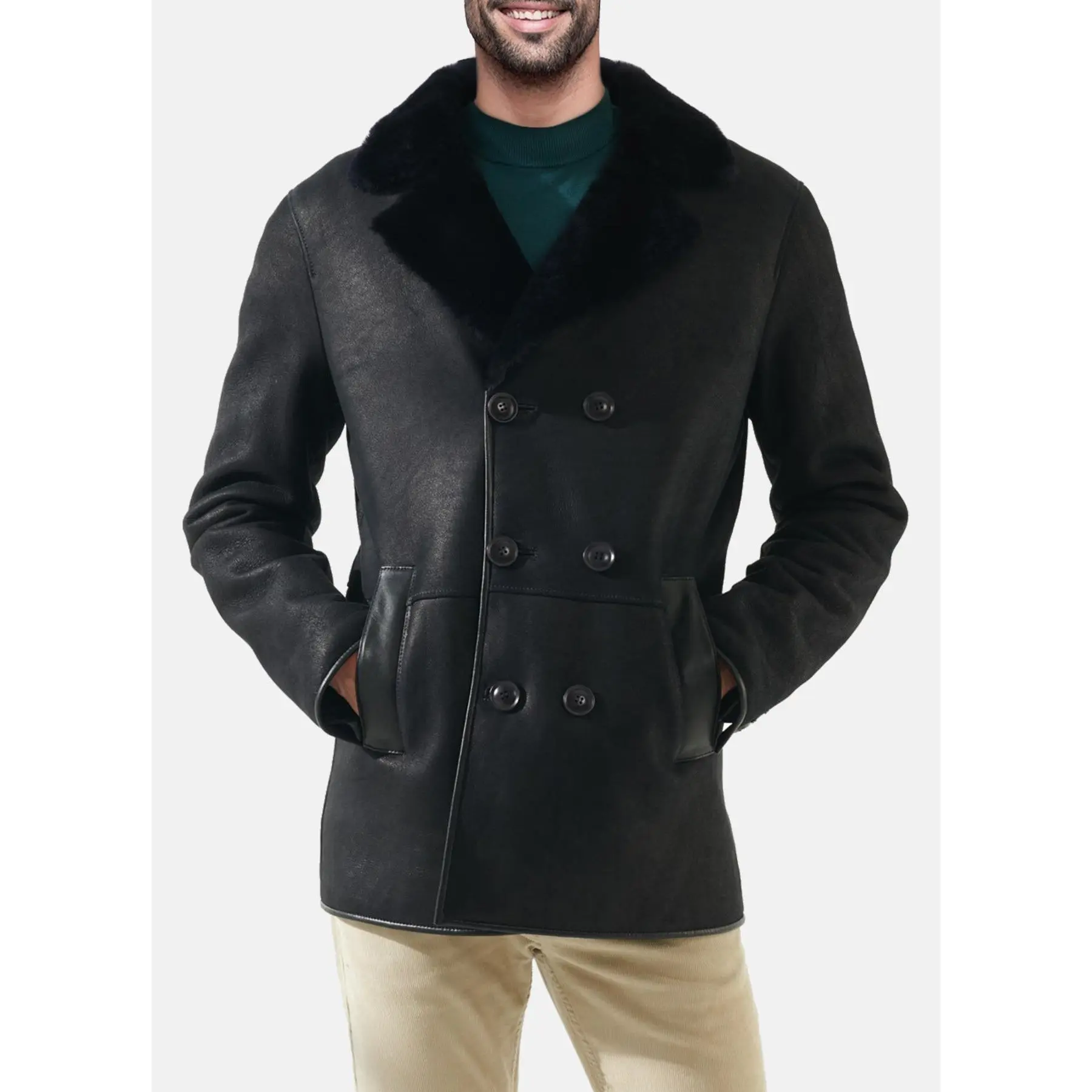 Mens Matt Black Shearling Leather Coat