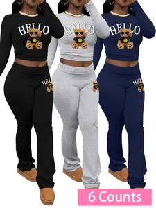 Women's Letter Print Fitted Long Sleeve Tee & Flare Leg Pants Set, Casual Round Neck Top & Bell Bottom Trousers for Spring & Fall, Women's Clothes for Daily Wear