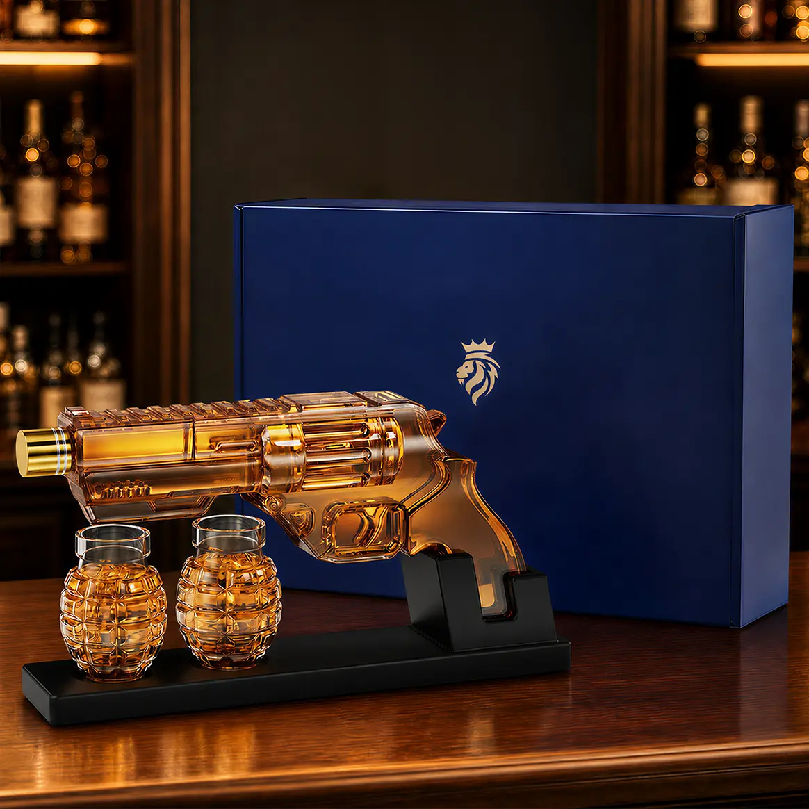 Kollea Whiskey Decanter Set with Luxury Gift Box,Grenade-Shaped Shot Bottles,Man Cave Bar Accessories,12.83oz Lead-Free Glass Decanter&Wooden Stand,Gifts for Men,Father,Husband,Boyfriend&Military Enthusiasts,Empty Decanter,No Alcohol Included,sohochic soh