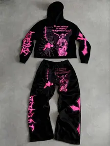 Men's Hoodie and Pants Set, Angel Graphic, Geometric, Loose Fit, Fleece Lined, Long Sleeve, Casual Streetwear, Fall Winter, Matching Set