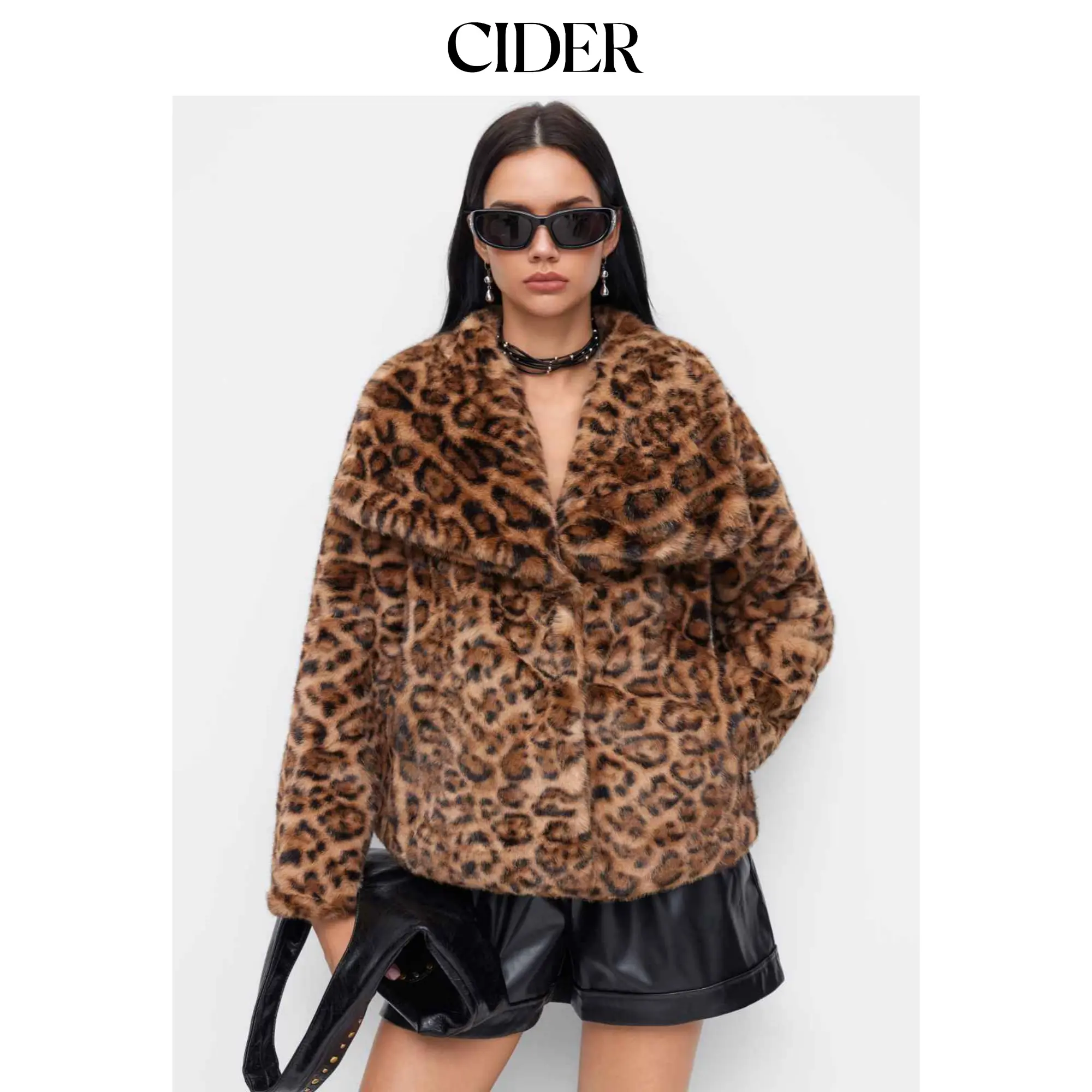 Cider Faux Fur Leopard Print Collar Metal Button Jacket