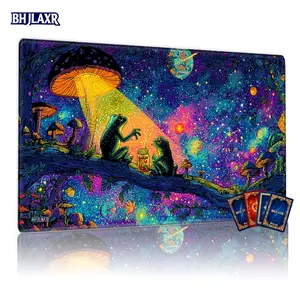 Psychedelic Green Frogs & Glowing Mushroom Gaming Playmat 12x24in Non-Slip, Magical Forest Galaxy TCG MTG Table Mat for Family Gathering, Perfect Gift for Card Game Enthusiasts