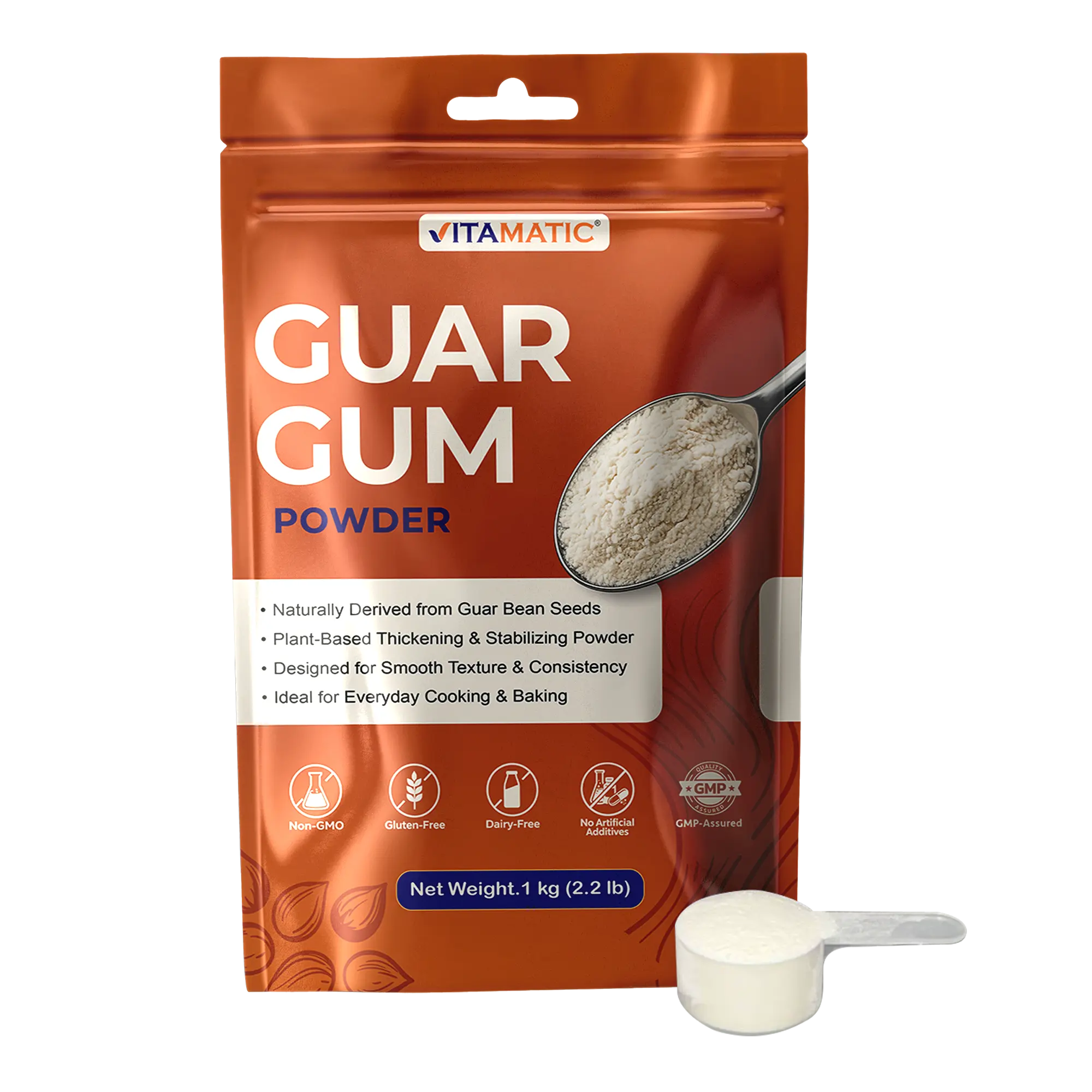 Vitamatic Guar Gum Dietary Fine Powder - 1 kg (2.2 lb) Soluble Fiber Supplement, Plant-Based Thickener-Stabilizer, No Preservatives, Non-GMO, Gluten-Free, Ideal for Baking-Cooking, Texture Boost & Smooth Texture Support
