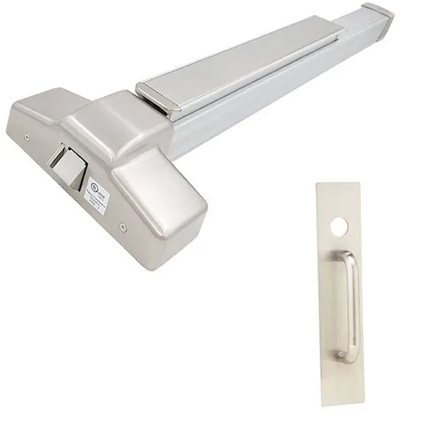 Crash Bar Heavy-Duty Grade-1 3' Rim Exit Device with Motorized Latch Retraction, Night Latch Trim & Schlage Cylinder – Satin Stainless Steel
