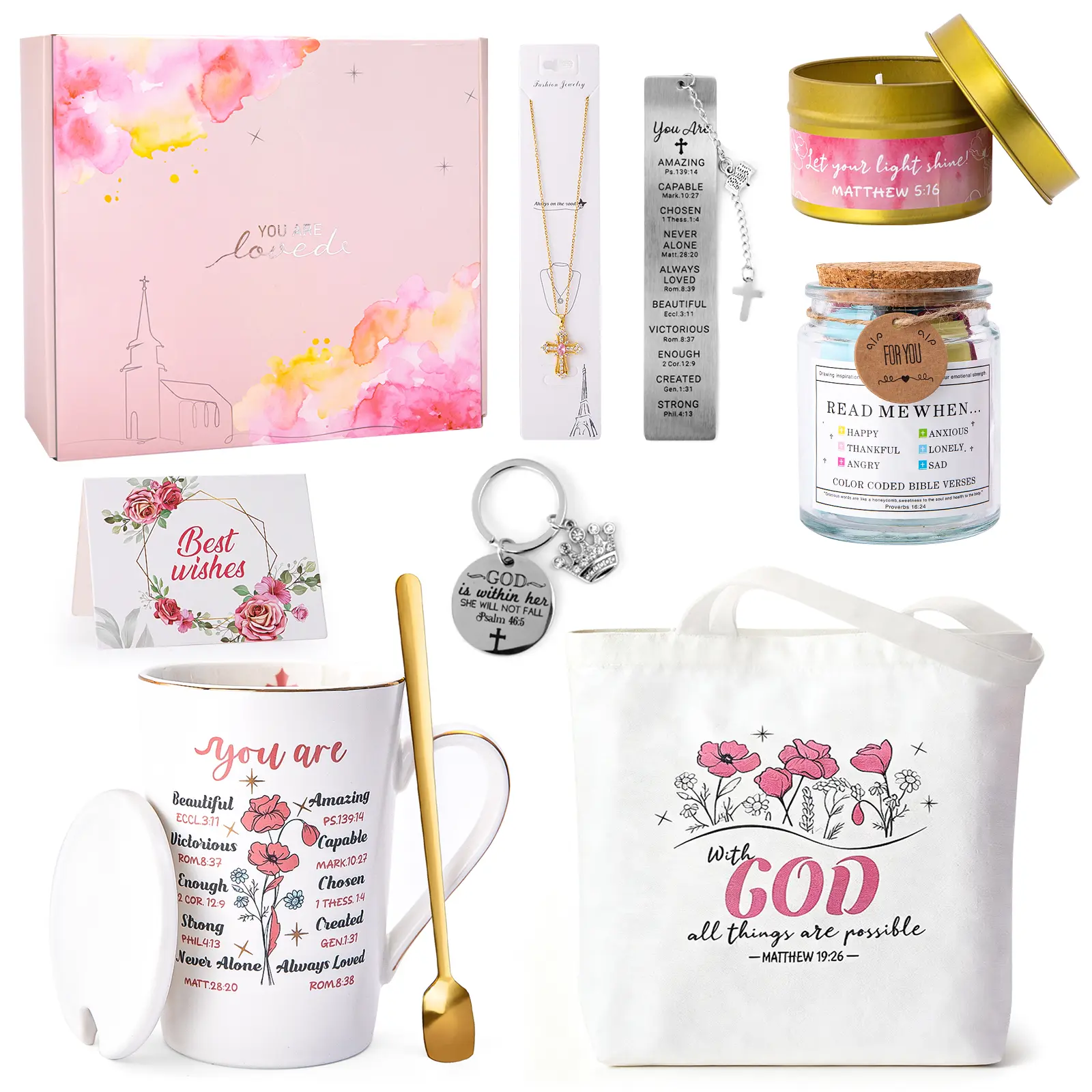 Biching Christian Gifts for Women 11PCS Spiritual Religious Gift Set with Canvas Tote Bags Bible Verse Jar Bookmark Coffee Mug Cross Necklace Rose Scented Candle Keychain Greeting Card Lid Spoon