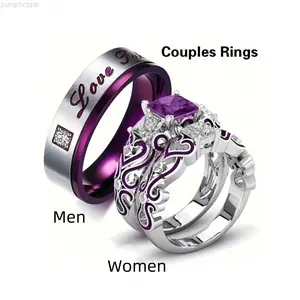 Purple Cubic Zirconia Couple Rings Set, Stainless Steel His & Hers Matching Promise Rings, Engraved Love Token Wedding Bands for Couples