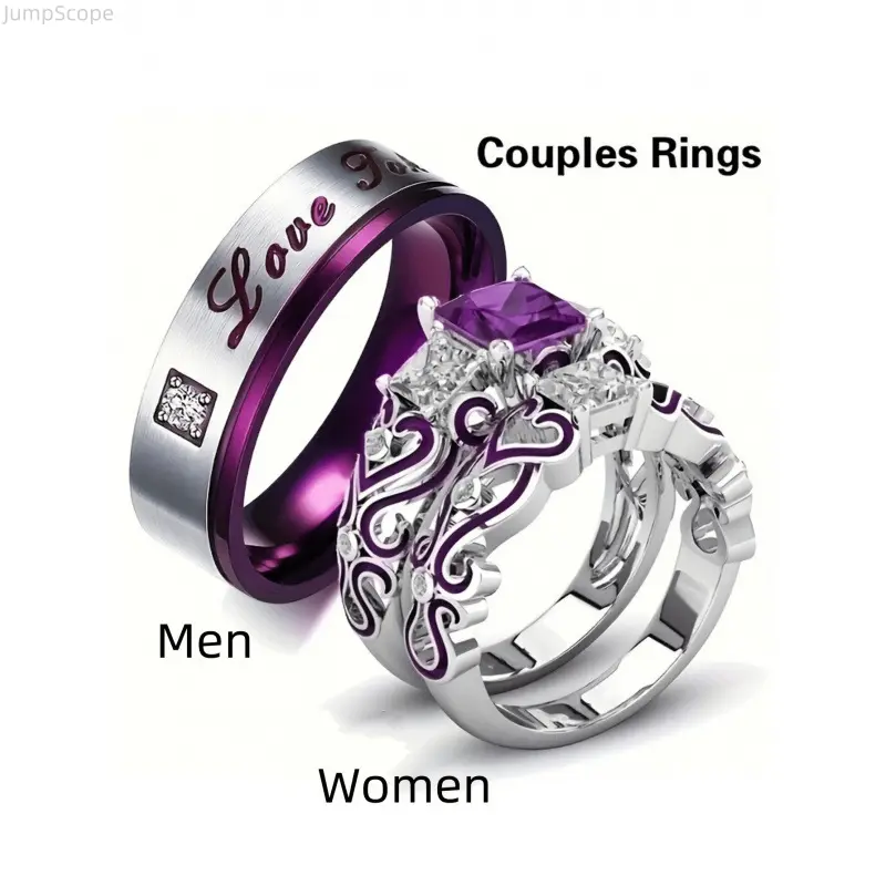 His & Hers Beautiful Rings Matching Set - Purple Cubic Zirconia, Stainless Steel Engraved Couple Wedding Rings, Love Gift for Husband and Wife Indoor Leisure Use, Female, Customized, Love Token, Elegant, Unisex, Wedding Promise Rings, Stunning Ring Set