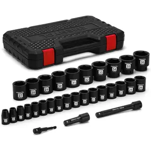 30PCS 1/2" Drive Shallow Set, Metric, 10mm - 36mm, CR-MO, 6 Point, Includes 3-inch and 6-inch Imapct Extension Bars, 1/4"-1/2" Adapter