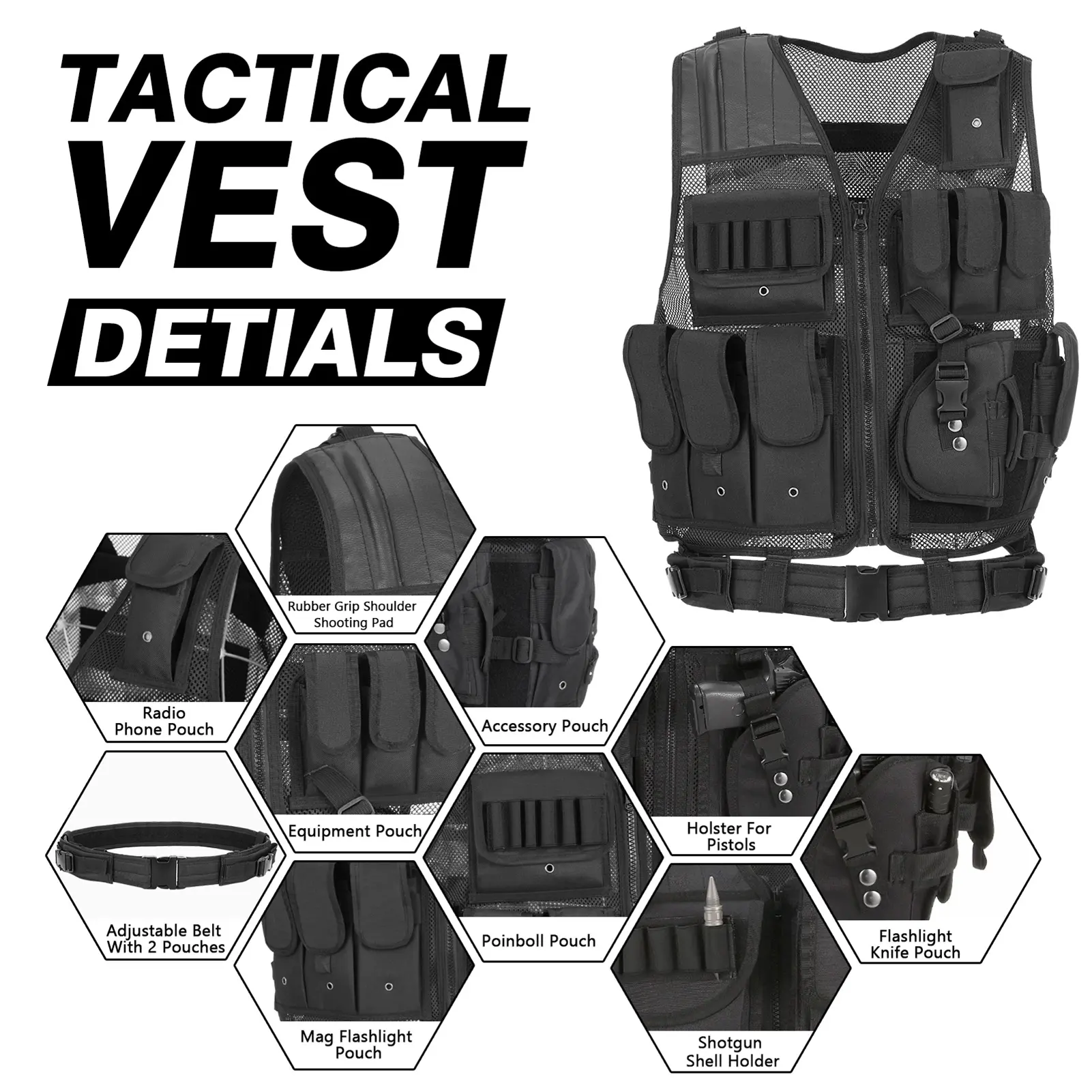 Unisex Sporty Nylon Gilet, Multi-Pocket Athletic Outdoor Vest with Breathable Mesh Back and Adjustable 145cm Belt for Hiking, Athletic Outdoor Vests, Multi Pocket Gilet, Sporty Vest