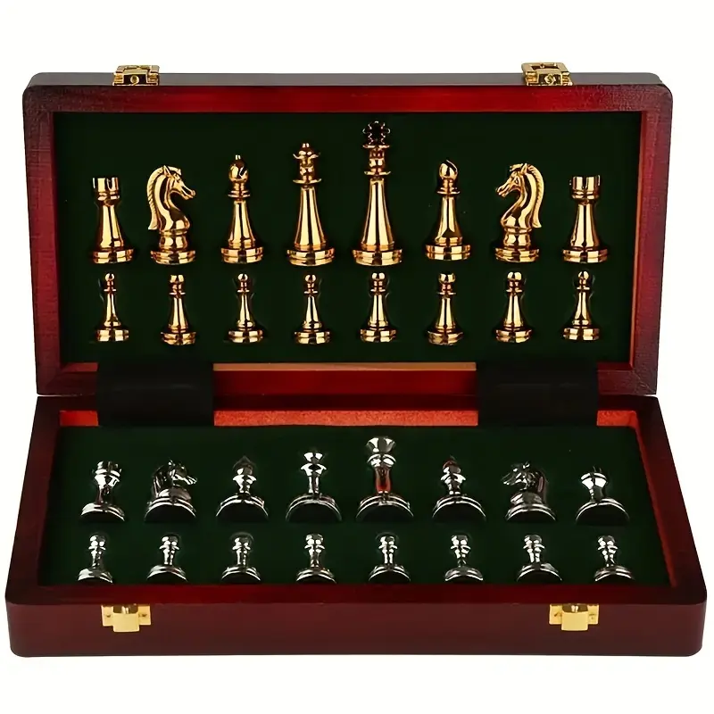 [Vintage Chess] Yernea Vintage Chess Game Set, 1 Set | 11.8" Folding Wooden Board, High-Quality Metal Zinc Alloy Pieces, Classic Strategy Game, Yellow and Grey, Creative Material