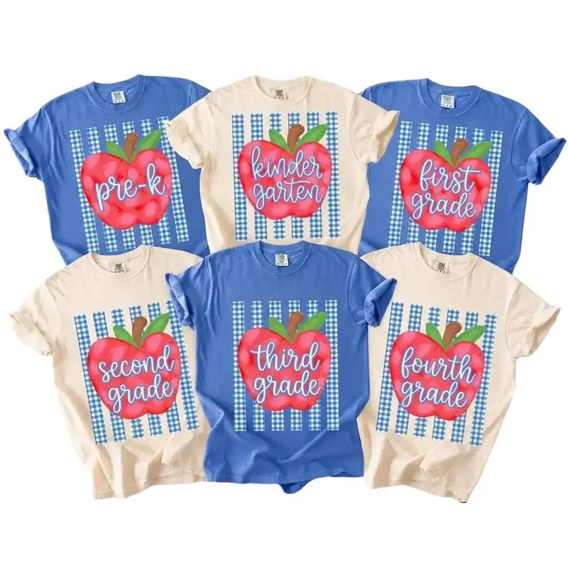 First Day of School Comfort Colors Shirt, Teacher Apple Shirt, Back to School Tee, Pre K to 4th Grade Shirt, Preppy Teacher Shirt, Pink Gingham Apple Tee