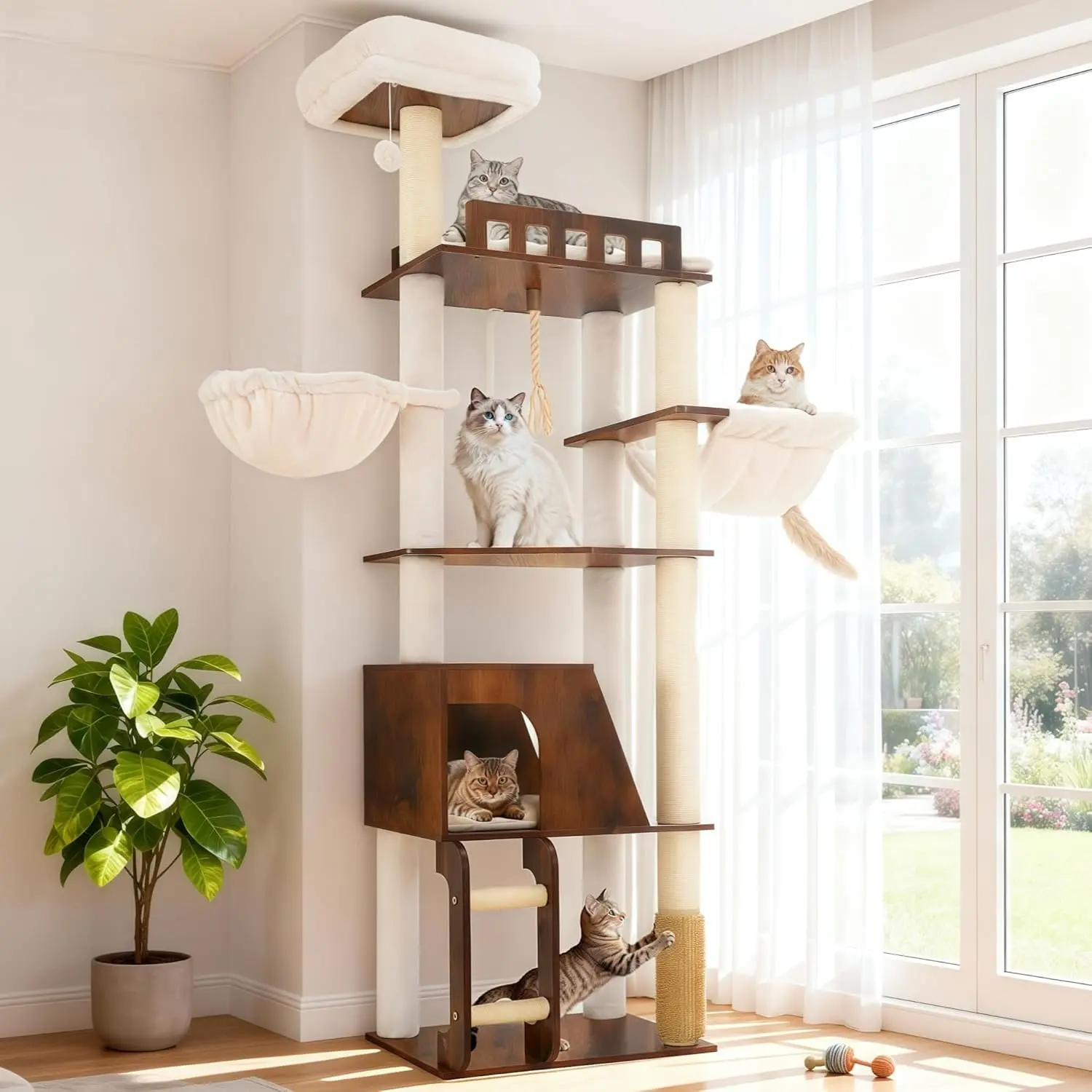 Wooden Cat Tree, 69.7 inch Cats Furniture Tower with Large Platforms, Hammocks, Spacious Condo, Full Sisal Scratching Posts, Ladder, Brush, Water Proof Surface, Rustic Brown MPJ121SR