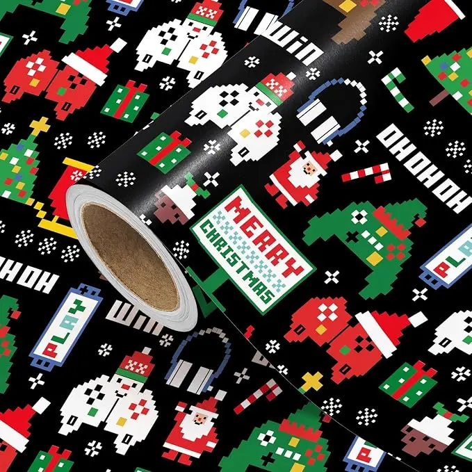 WRAPAHOLIC Christmas Gaming Wrapping Paper Roll, Pixel Video Game & Gamer Santa Gift Wrap with Sports Designs, Fun Holiday Wrapping Paper for Gamers, Boys, Teens, Kids, Christmas Gifts, Winter Party, Sports Lovers, 17 Inch x 16.5 Feet