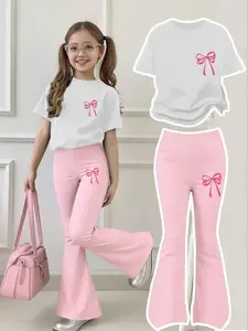 Girls' Bow Sweet Cool Bell Bottoms Set, Round Neck Short Sleeve Top, Cartoon Pattern, Fitted, All Seasons, Fashion Clothes Set