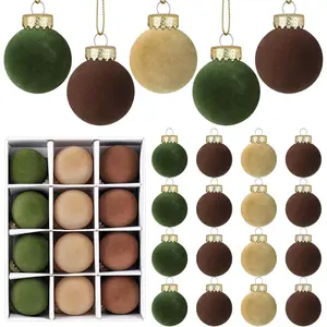24 count  Christmas Balls Flocked Christmas Tree  Ornaments Shatterproof  Balls Decorations for Xmas Tree Family Holiday Party  Decor (Brown, Green, Beige, 2.36 inch)