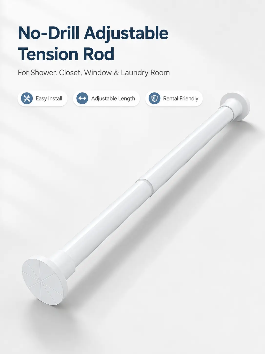 An extended, drill-free telescoping rod suitable for large windows, curtains, and room dividers. This adjustable curtain rod is ideal for bedrooms, bathrooms, closets, dorm rooms, and rental units.