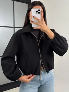 Casual Crop Oversized Puff Jacket Jacket Women's Jacket Spring 2026 Beige Khaki Black Outerwears Casual Fashionable Outerwear Zip-Up Lapel Collar Long Sleeve Tops Streetwear Outfits & Weekend Hangouts Coat Casual Jackets Zipper Jacket
