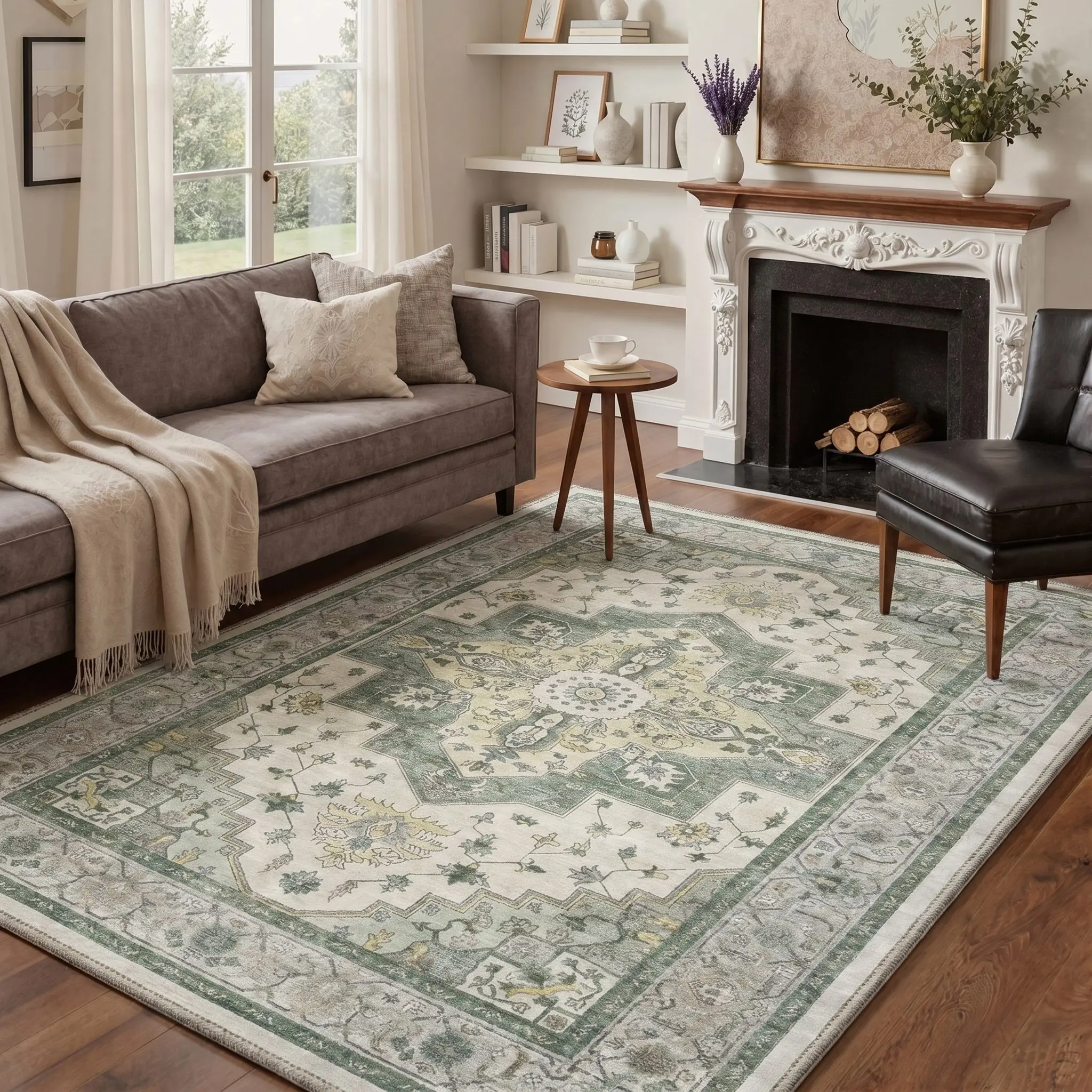 【Deals For You Days】GENIMO Area Rug Non Slip Machine Washable Vintage Rug, Low Pile Lightweight Rugs for Entryway, Hallway, Kitchen and Corridor ,RUG1051-GREEN