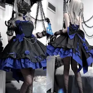BowGothicDressesWomenY2KLolitaJKSuspenderRuffleEdgeDressTwinBlackRedBlueDarkA-lineLongSleevedSuspenderDress