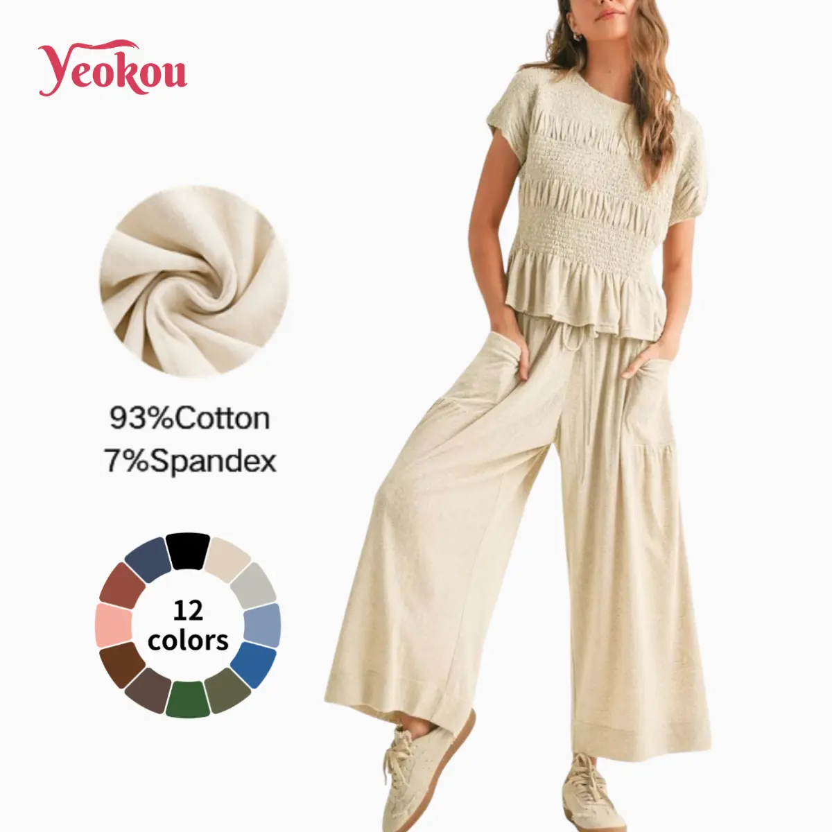 Yeokou Women's 2-Piece Trendy Boho Outfits - Cotton Smocked Top and High Waisted Wide Leg Lounge Pants with Pockets, Two Piece Sets
