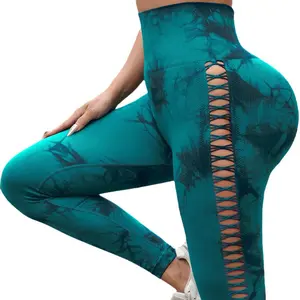 New side hollow tie-dye yoga pants hip-lifting leggings high waist seamless fitness pants women suit summer athletic wear Women's Tee and Leggings Set