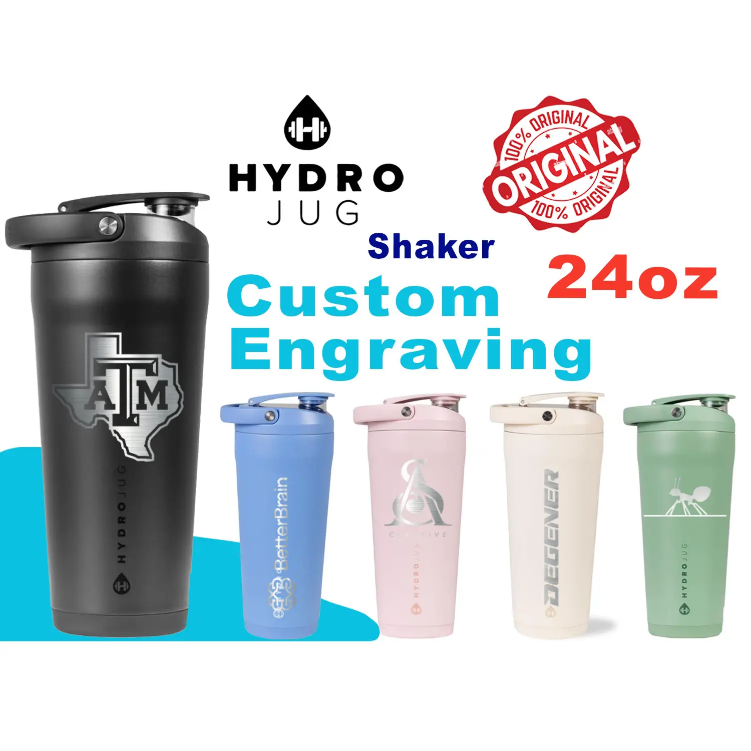 Hydro Jug 24oz Personalized Leakproof Shaker | Laser Engraved Stainless Steel | Premium Fitness & Sports Drinkware | Custom Vinyl Options Available