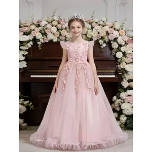 Girls Formal Maxi Dress Wedding Pageant Party Princess Communion With Floral Embroidery, Vintage Lace Dance Gown