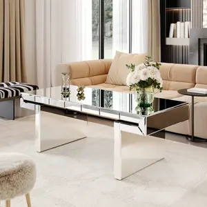 47.2" Silver Mirrored Coffee Table, Rectangle Mirror Center Table with Starburst Mirror Mosaic Design, Modern Luxury Mirrored Furniture Glass Top Cocktail Tea Table for Living Room