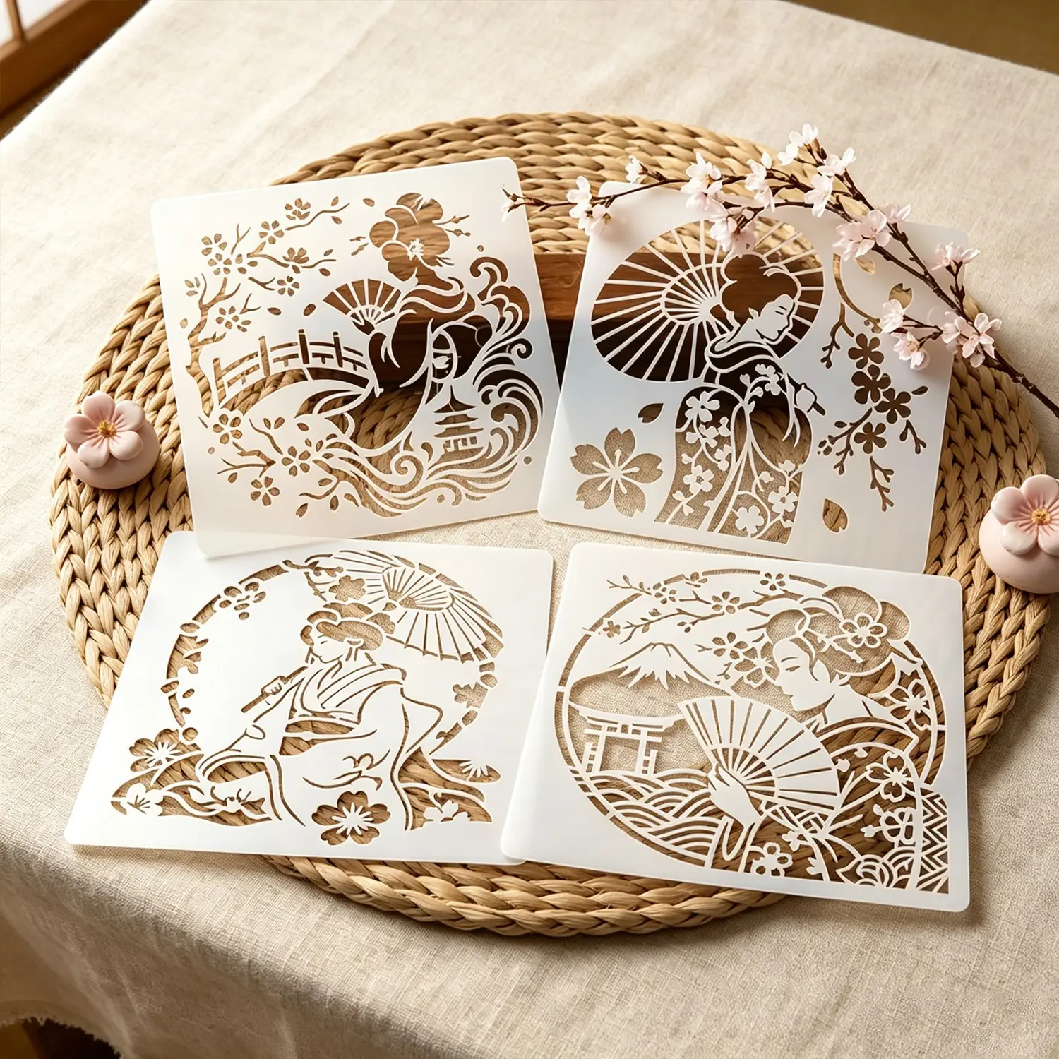 4Pcs Vintage Japanese Geisha Pattern Stencils Multipurpose Sakura & Mount Fuji Templates for DIY Painting Home Decor Fabric Art Handcraft Projects Scrapbook Materials